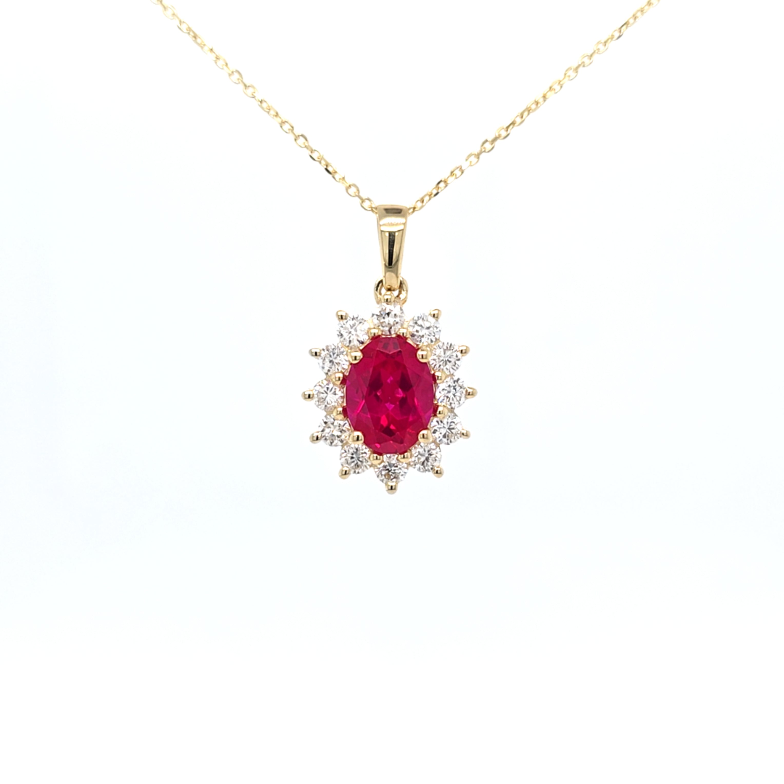 1.46ct LAB Ruby and LAB Diamond Cluster Pendant in 9ct Yellow Gold with Chain - Montpellier Jewellers