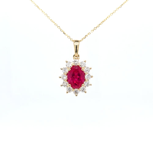 1.46ct LAB Ruby and LAB Diamond Cluster Pendant in 9ct Yellow Gold with Chain - Montpellier Jewellers