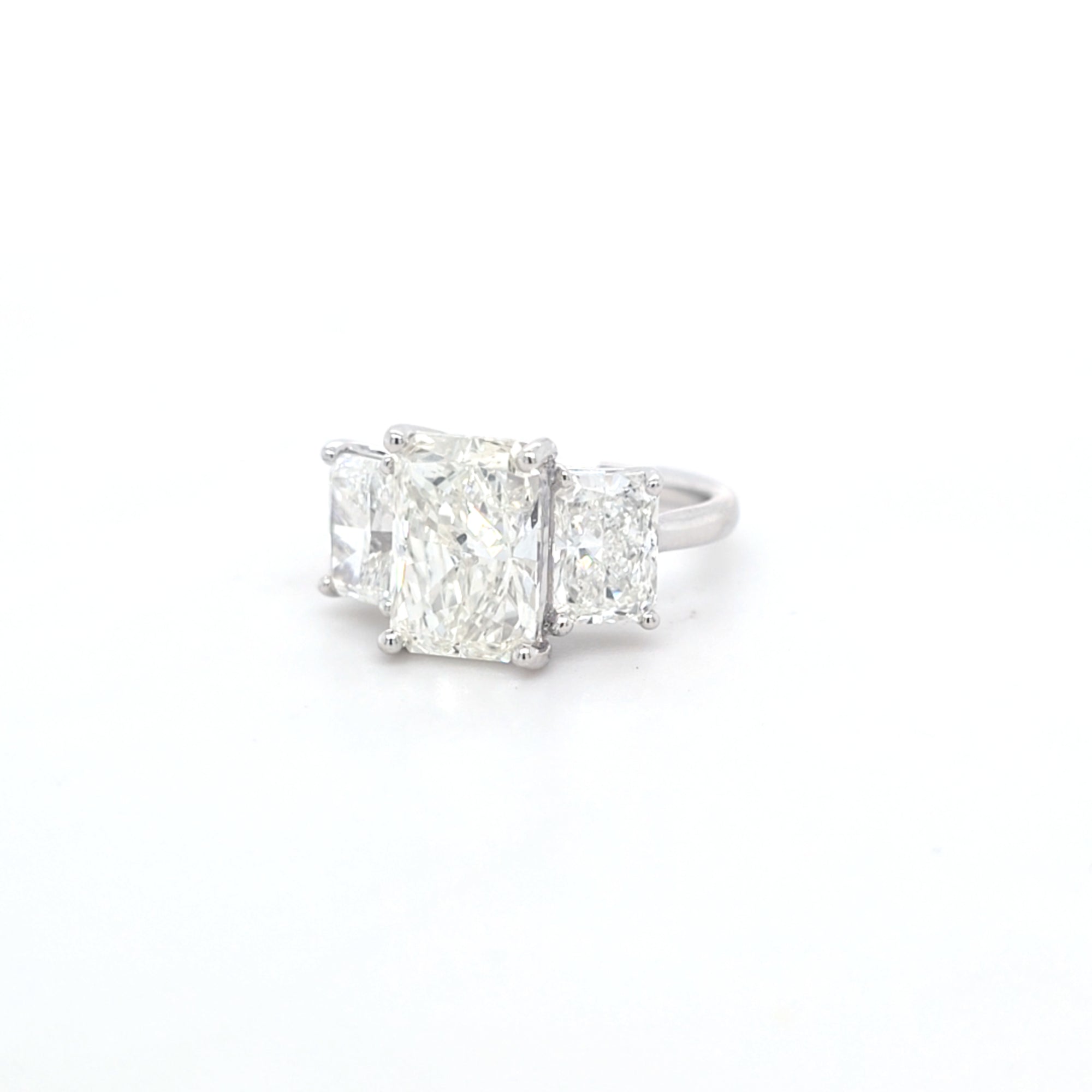 4.92ct G/SI1 Radiant Cut LAB Diamond 3 Stone Ring Set in White Gold