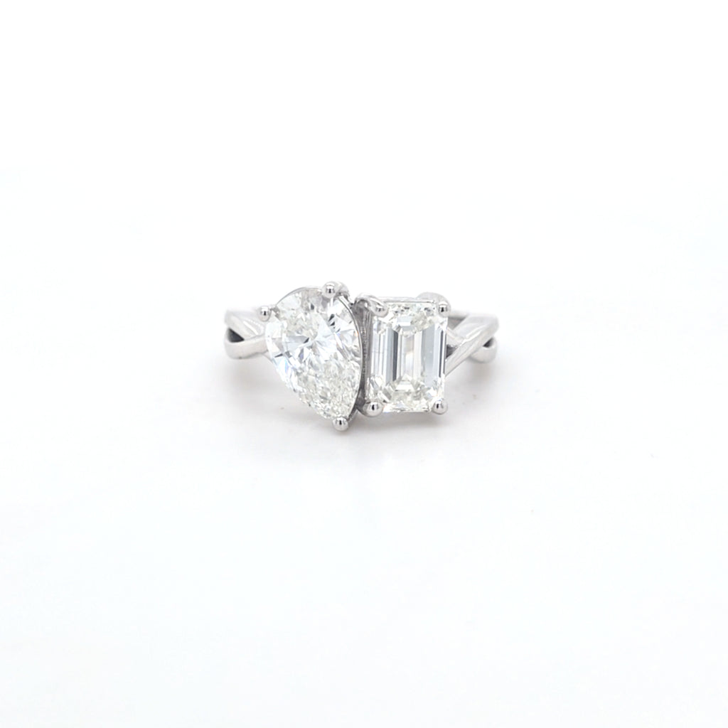 3.04ct G/VS2 Emerald Cut & Pear Shape LAB Diamond Toi et Moi Ring Set in White Gold
