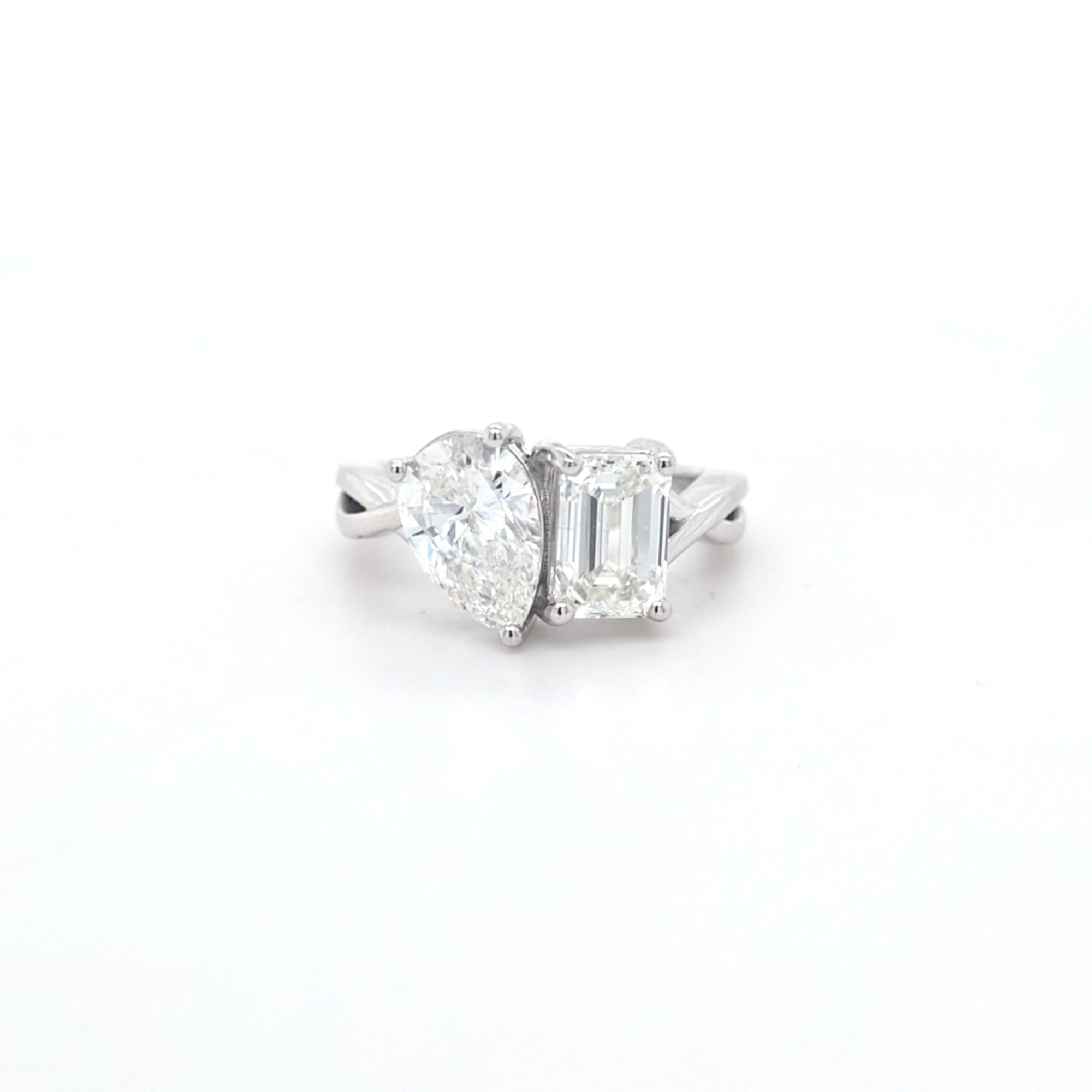 3.04ct G/VS2 Emerald Cut & Pear Shape LAB Diamond Toi et Moi Ring Set in White Gold