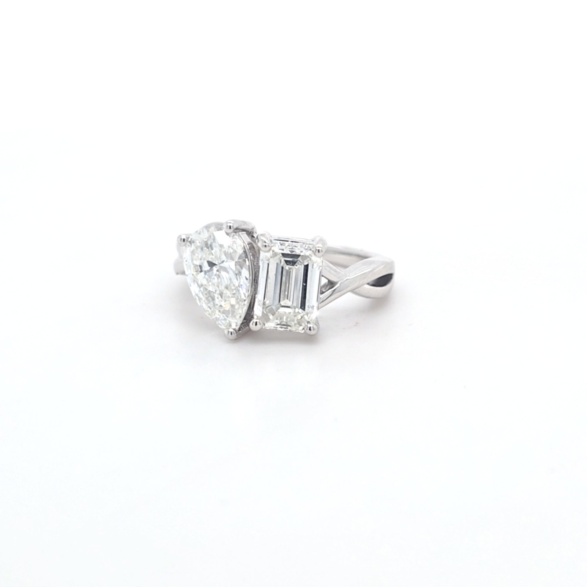 3.04ct G/VS2 Emerald Cut & Pear Shape LAB Diamond Toi et Moi Ring Set in White Gold