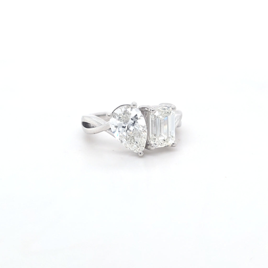 3.04ct G/VS2 Emerald Cut & Pear Shape LAB Diamond Toi et Moi Ring Set in White Gold