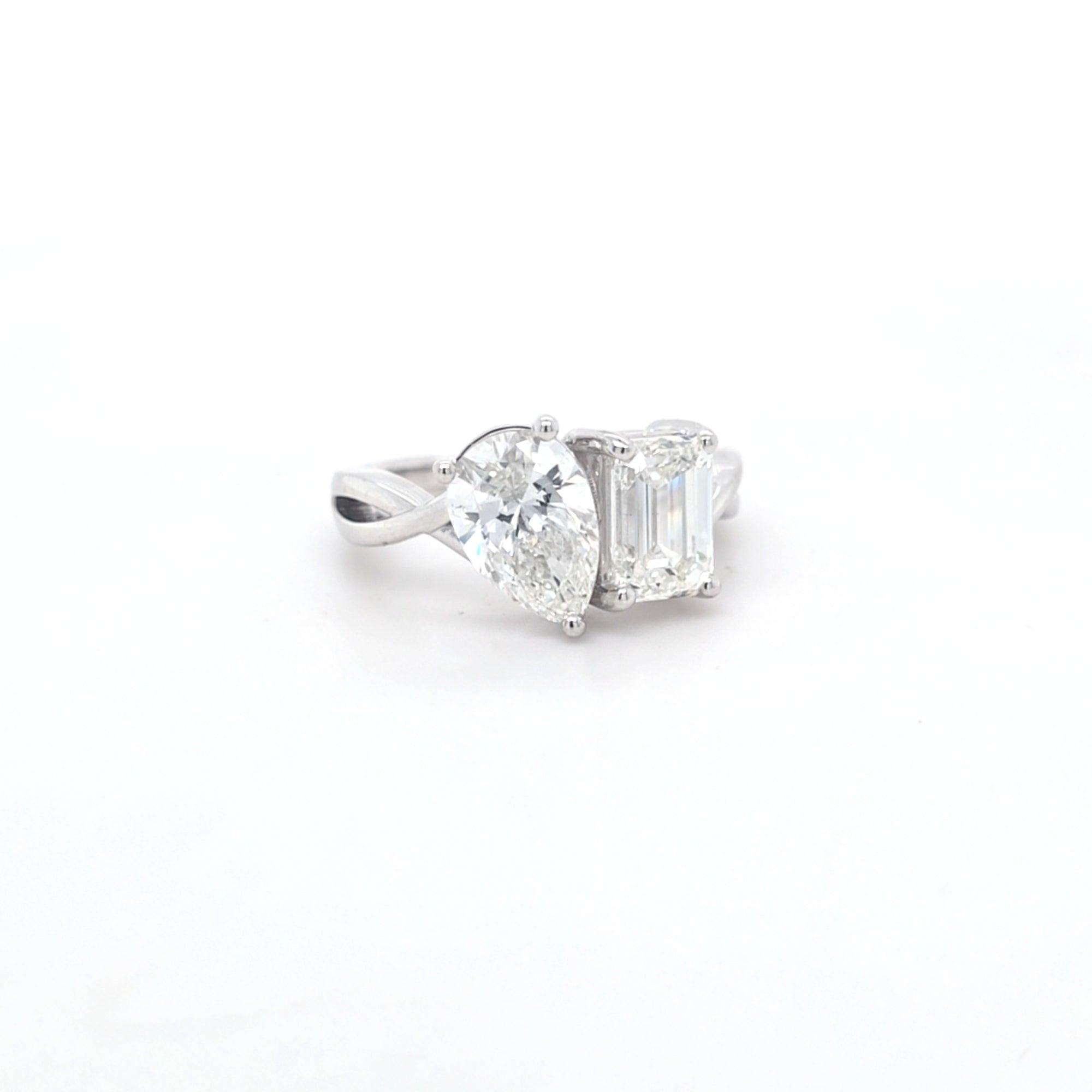 3.04ct G/VS2 Emerald Cut & Pear Shape LAB Diamond Toi et Moi Ring Set in White Gold