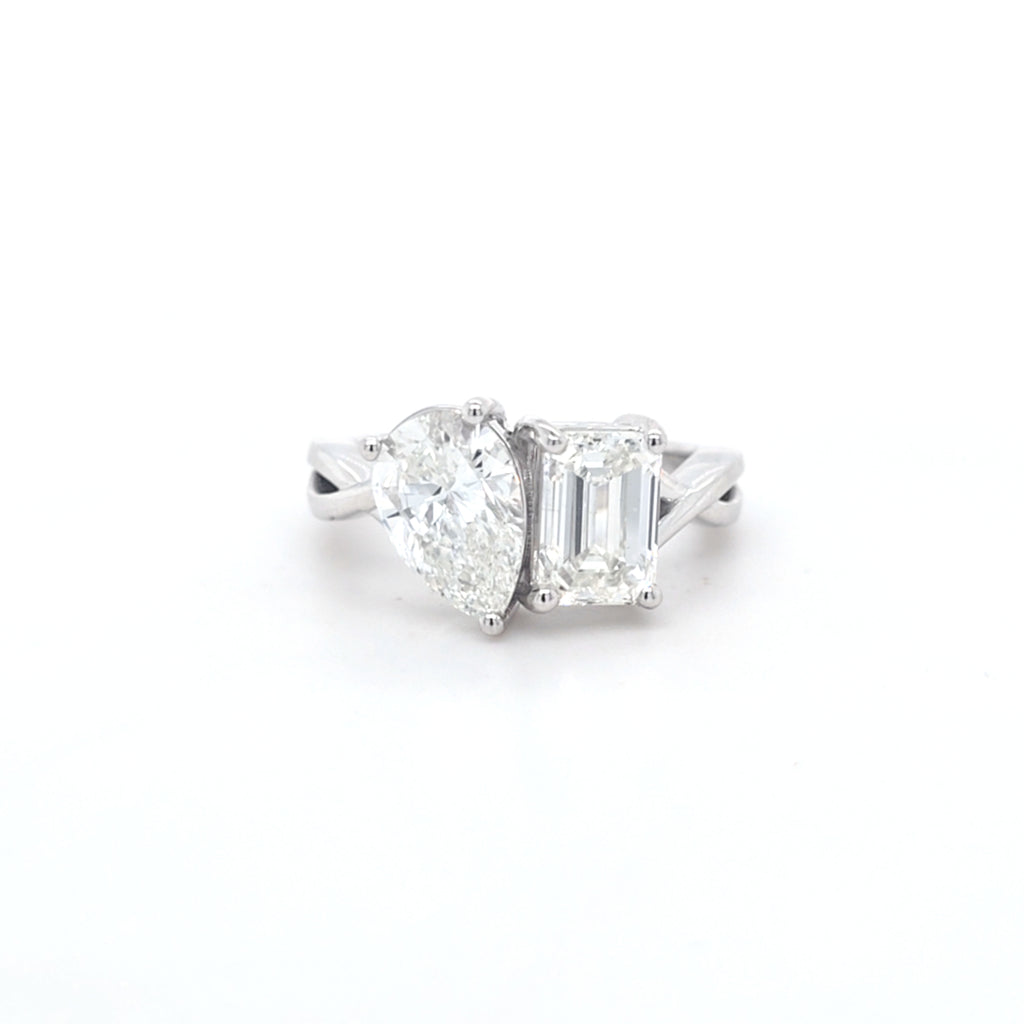 3.04ct G/VS2 Emerald Cut & Pear Shape LAB Diamond Toi et Moi Ring Set in White Gold