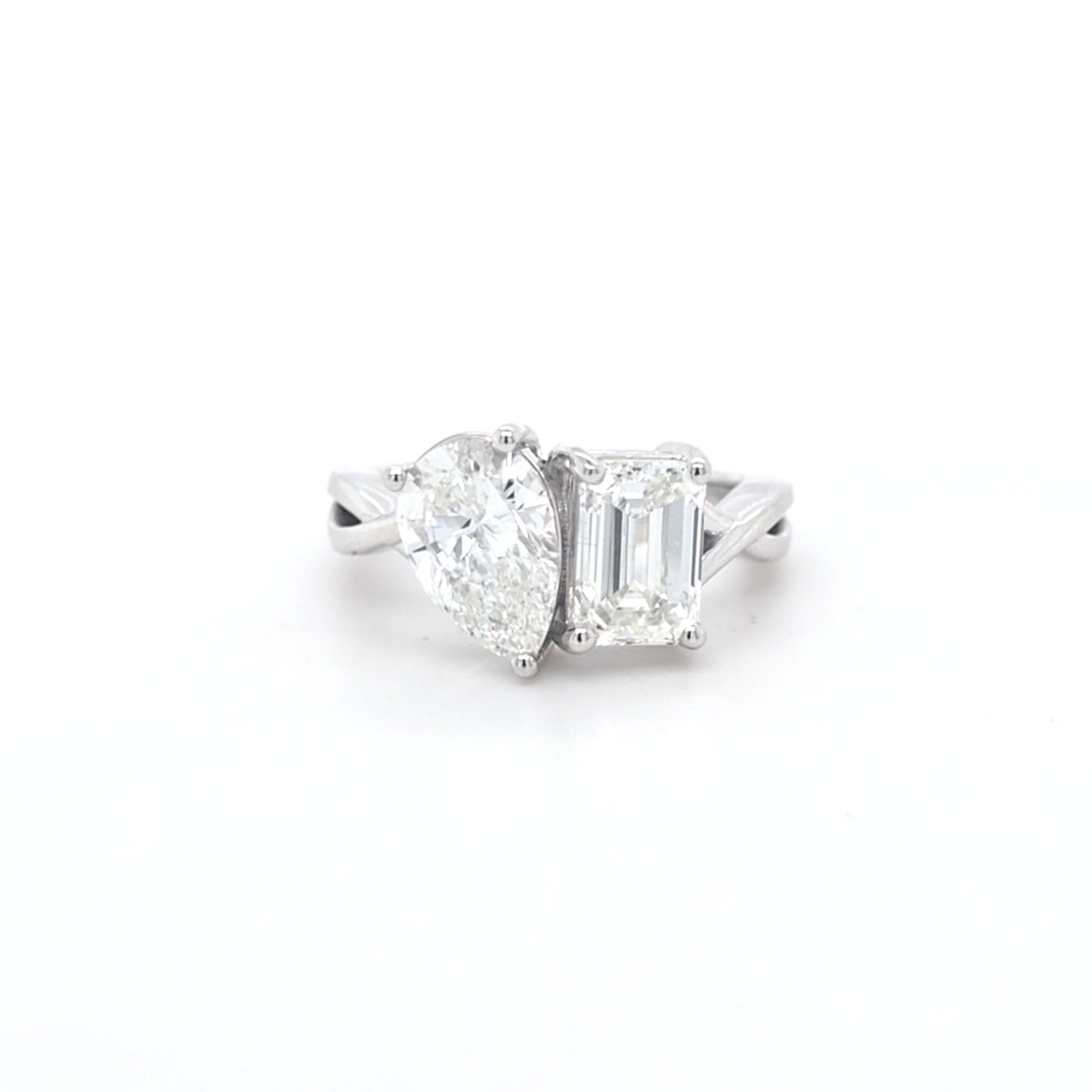 3.04ct G/VS2 Emerald Cut & Pear Shape LAB Diamond Toi et Moi Ring Set in White Gold