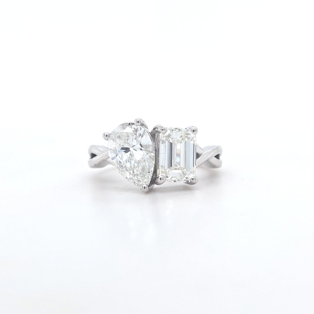 3.04ct G/VS2 Emerald Cut & Pear Shape LAB Diamond Toi et Moi Ring Set in White Gold