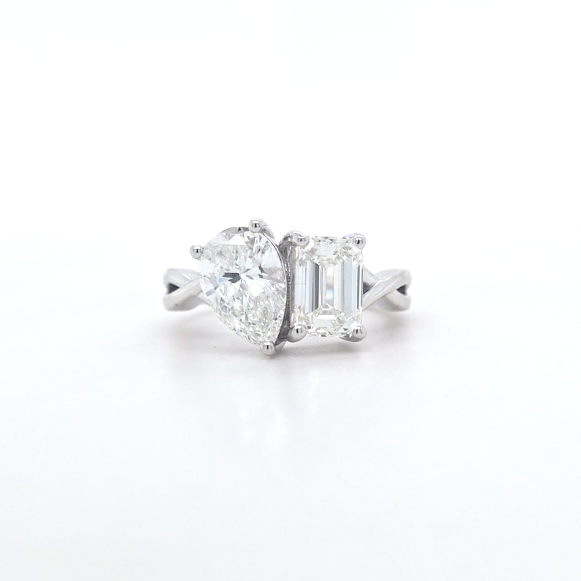 3.04ct G/VS2 Emerald Cut & Pear Shape LAB Diamond Toi et Moi Ring Set in White Gold