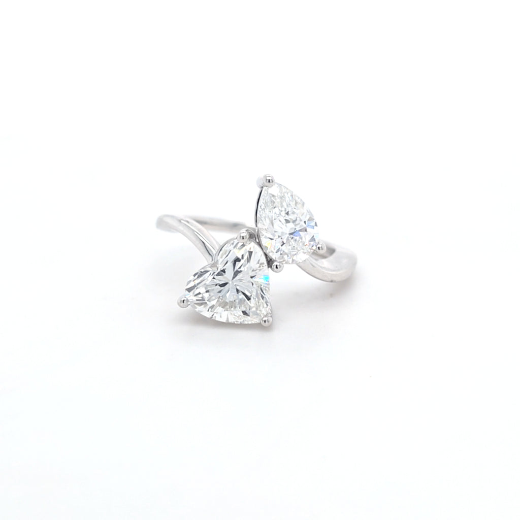 3.05ct F/VVS2 Heart Shape & Pear Shape LAB Diamond Toi et Moi Ring Set in White Gold