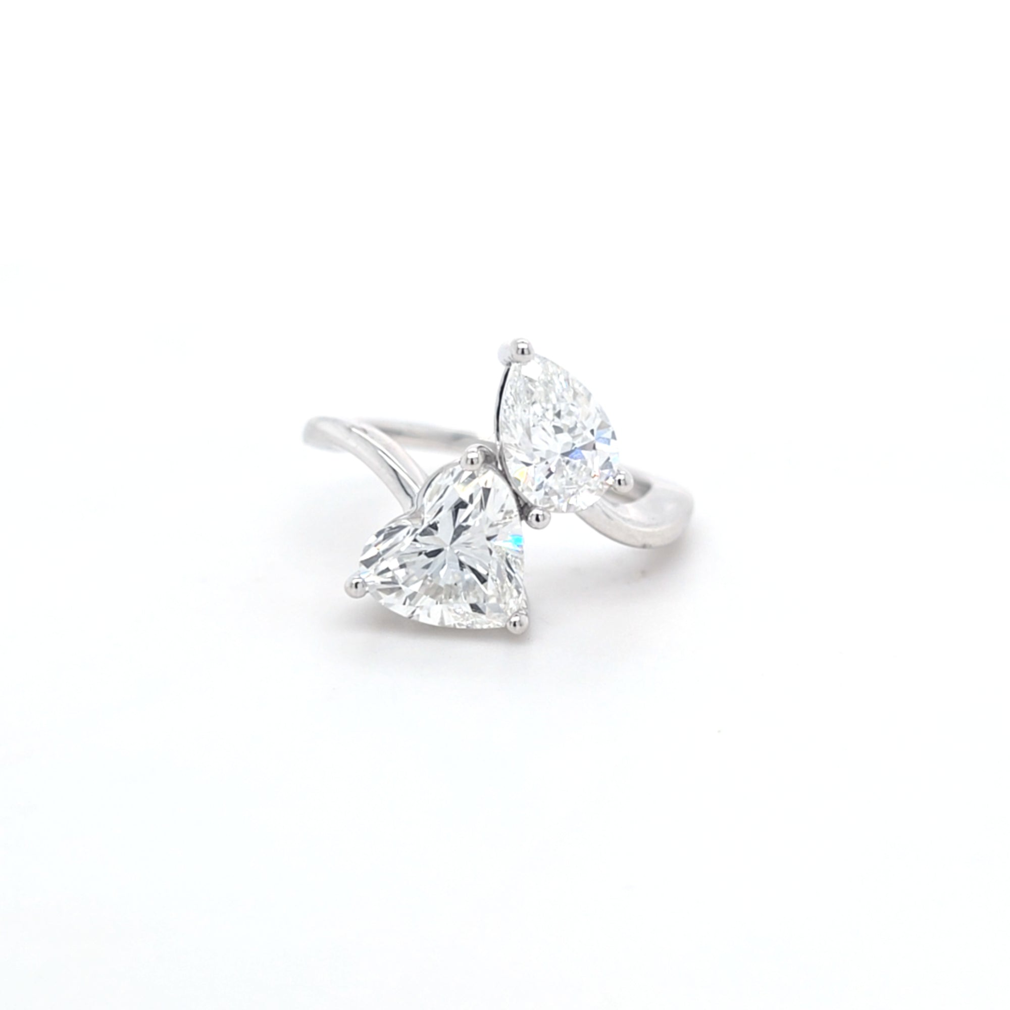 3.05ct F/VVS2 Heart Shape & Pear Shape LAB Diamond Toi et Moi Ring Set in White Gold