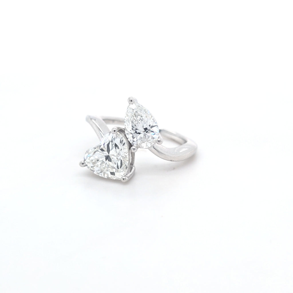 3.05ct F/VVS2 Heart Shape & Pear Shape LAB Diamond Toi et Moi Ring Set in White Gold