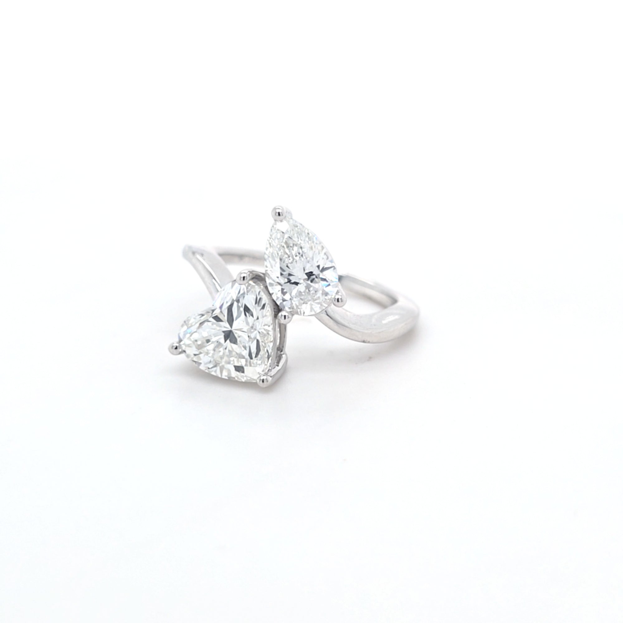 3.05ct F/VVS2 Heart Shape & Pear Shape LAB Diamond Toi et Moi Ring Set in White Gold