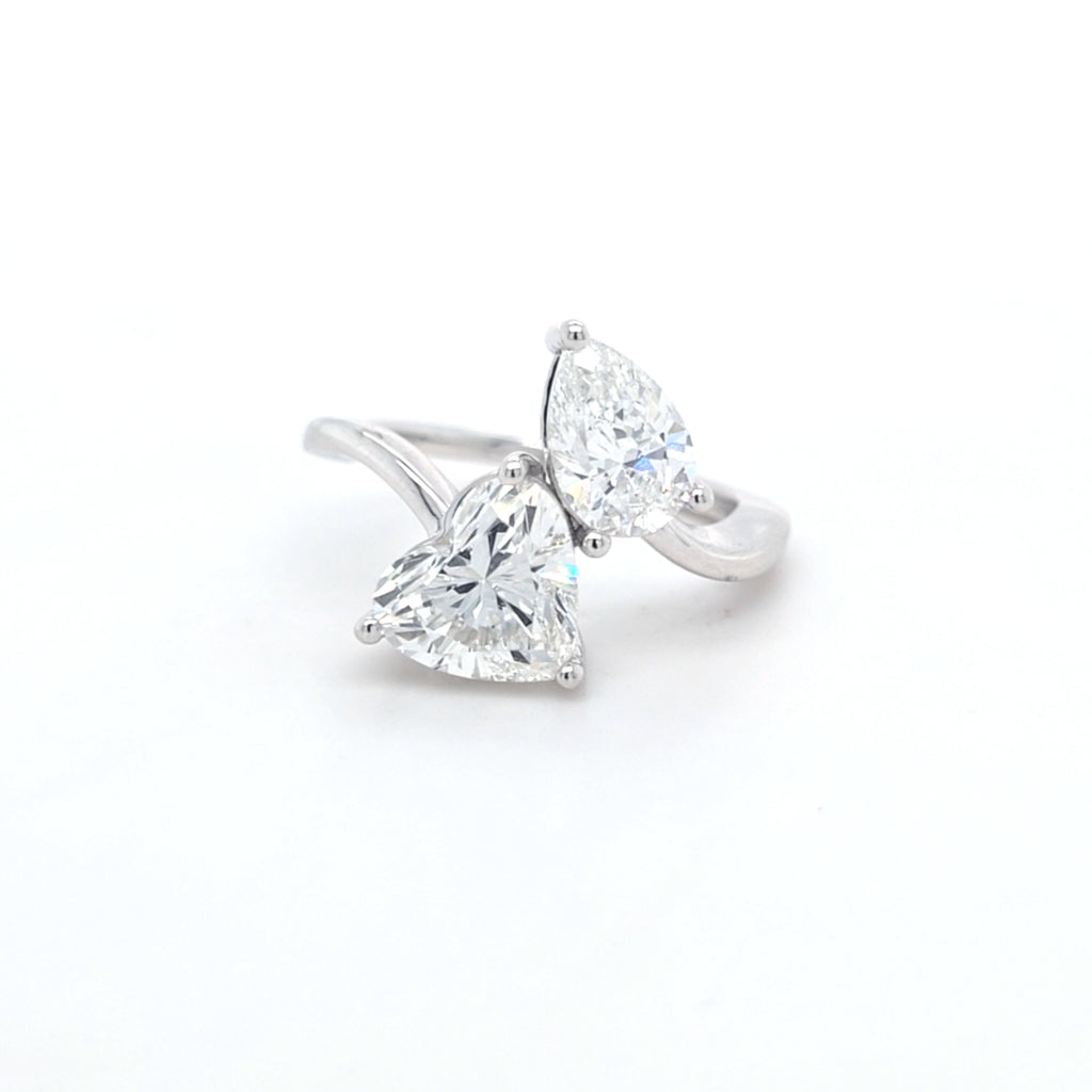 3.05ct F/VVS2 Heart Shape & Pear Shape LAB Diamond Toi et Moi Ring Set in White Gold