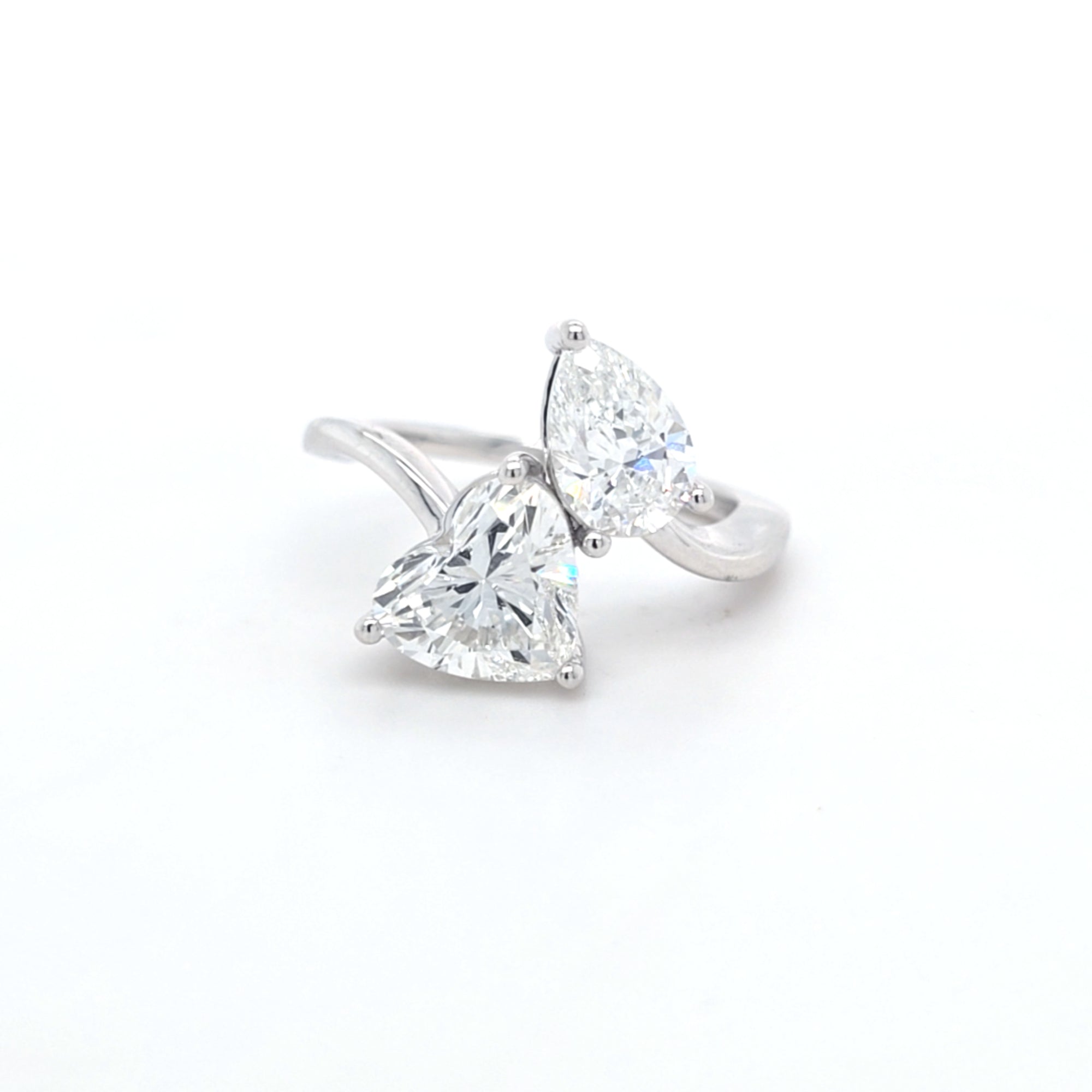 3.05ct F/VVS2 Heart Shape & Pear Shape LAB Diamond Toi et Moi Ring Set in White Gold