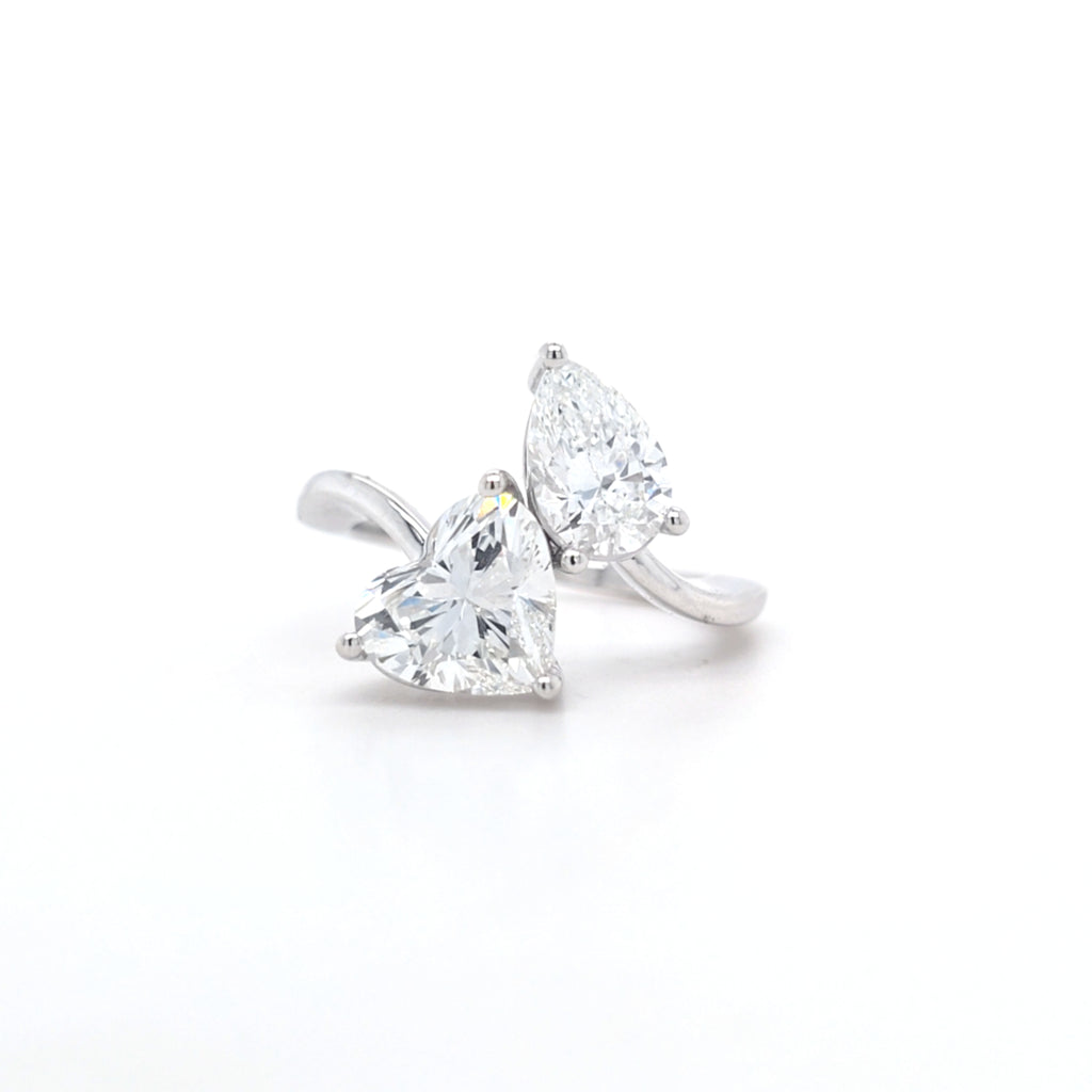 3.05ct F/VVS2 Heart Shape & Pear Shape LAB Diamond Toi et Moi Ring Set in White Gold