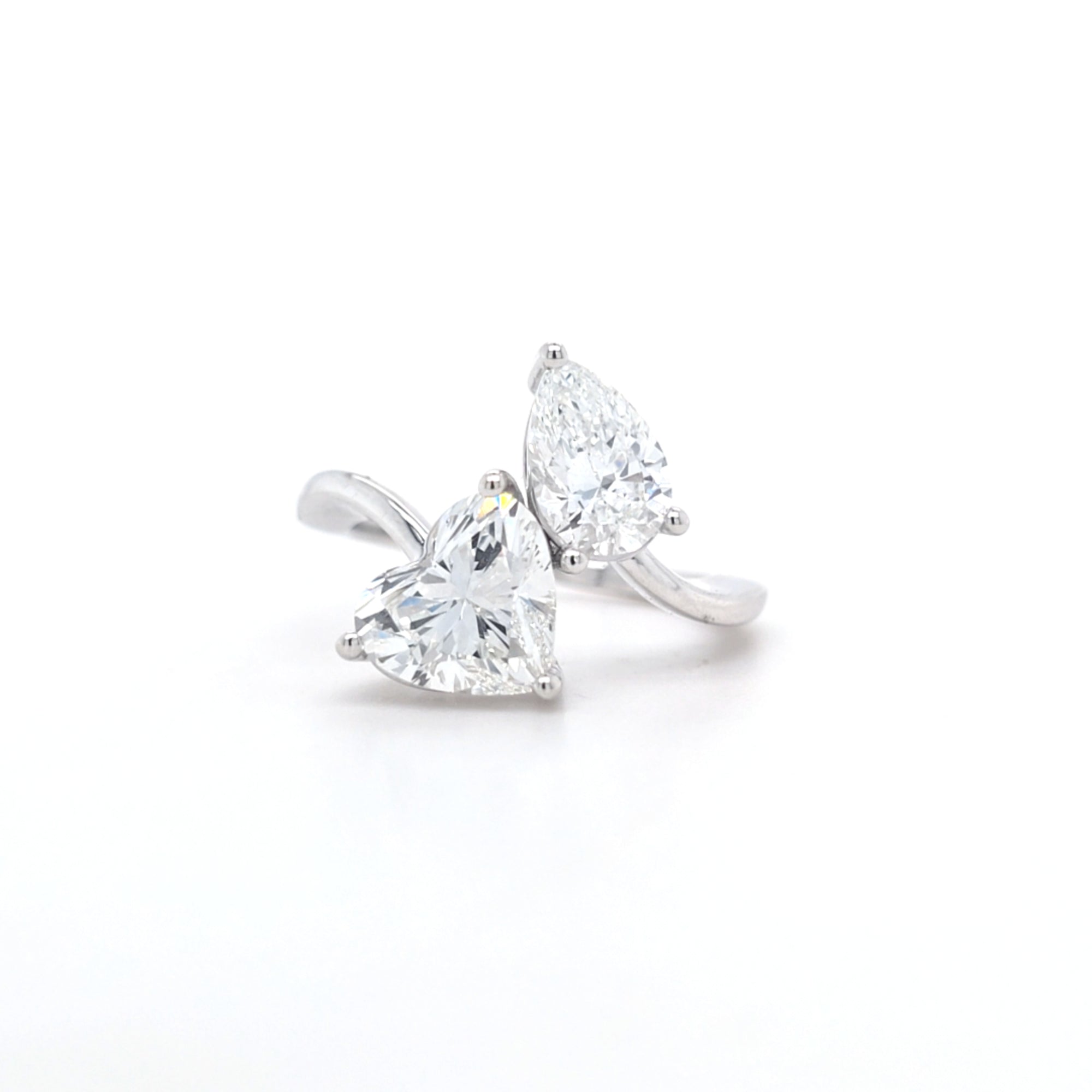 3.05ct F/VVS2 Heart Shape & Pear Shape LAB Diamond Toi et Moi Ring Set in White Gold