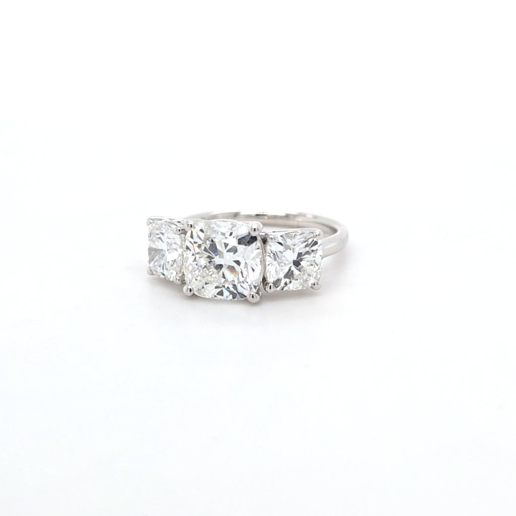 4.54ct F/VS1 Square Cushion Cut LAB Diamond 3 Stone Ring Set in White Gold