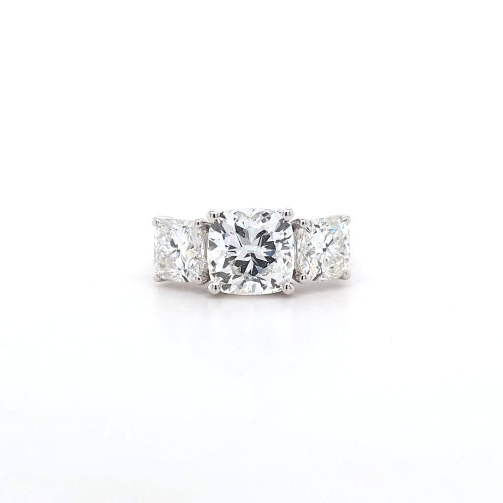 4.54ct F/VS1 Square Cushion Cut LAB Diamond 3 Stone Ring Set in White Gold