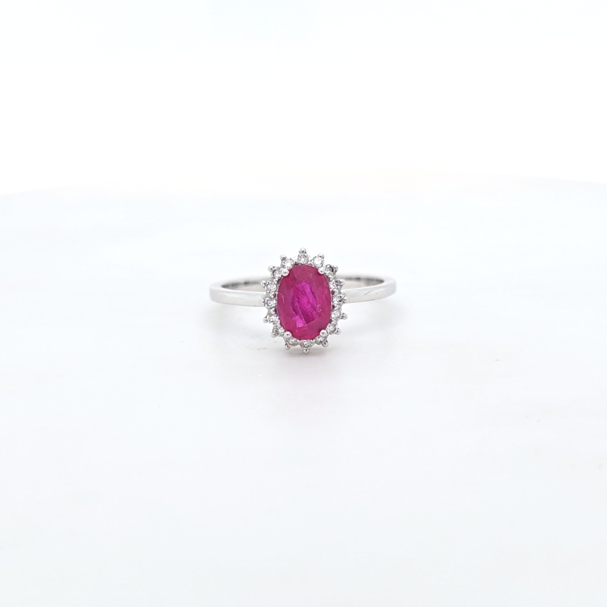 0.96ct Oval Cut Ruby & Diamond Cluster Ring Set in White Gold - Montpellier Jewellers