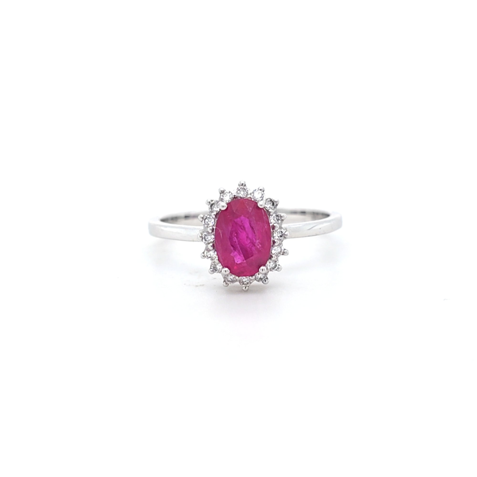 0.96ct Oval Cut Ruby & Diamond Cluster Ring Set in White Gold - Montpellier Jewellers