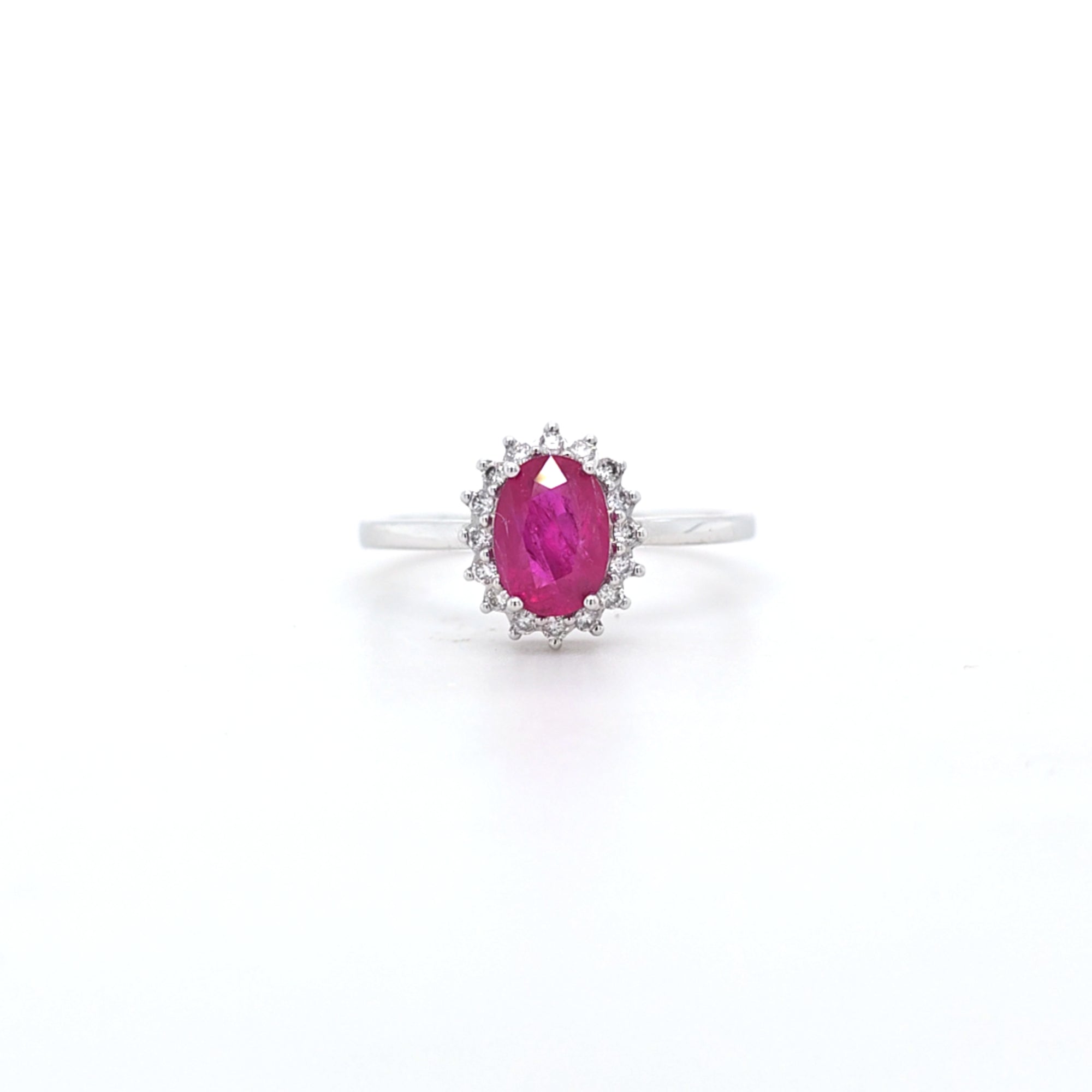 0.96ct Oval Cut Ruby & Diamond Cluster Ring Set in White Gold - Montpellier Jewellers