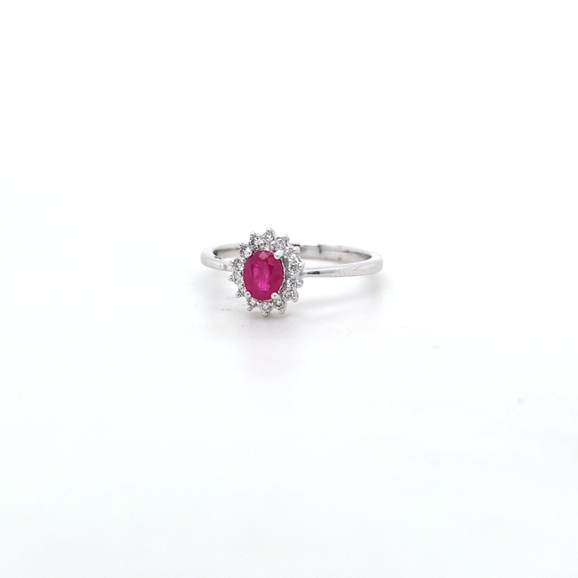 0.50ct Oval Cut Ruby & Diamond Cluster Ring Set in White Gold - Montpellier Jewellers