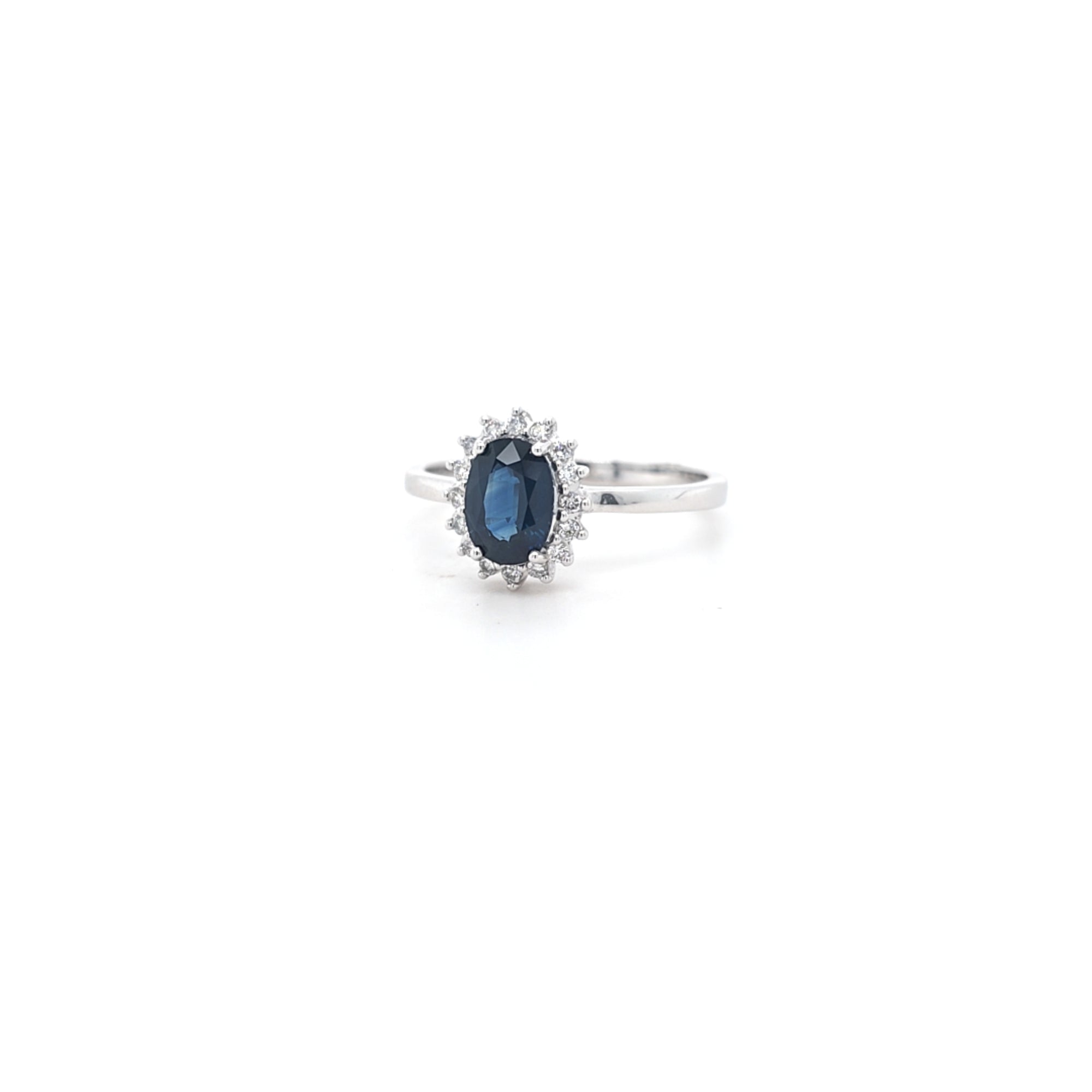 0.96ct Oval Cut Sapphire & Diamond Cluster Ring Set in White Gold - Montpellier Jewellers