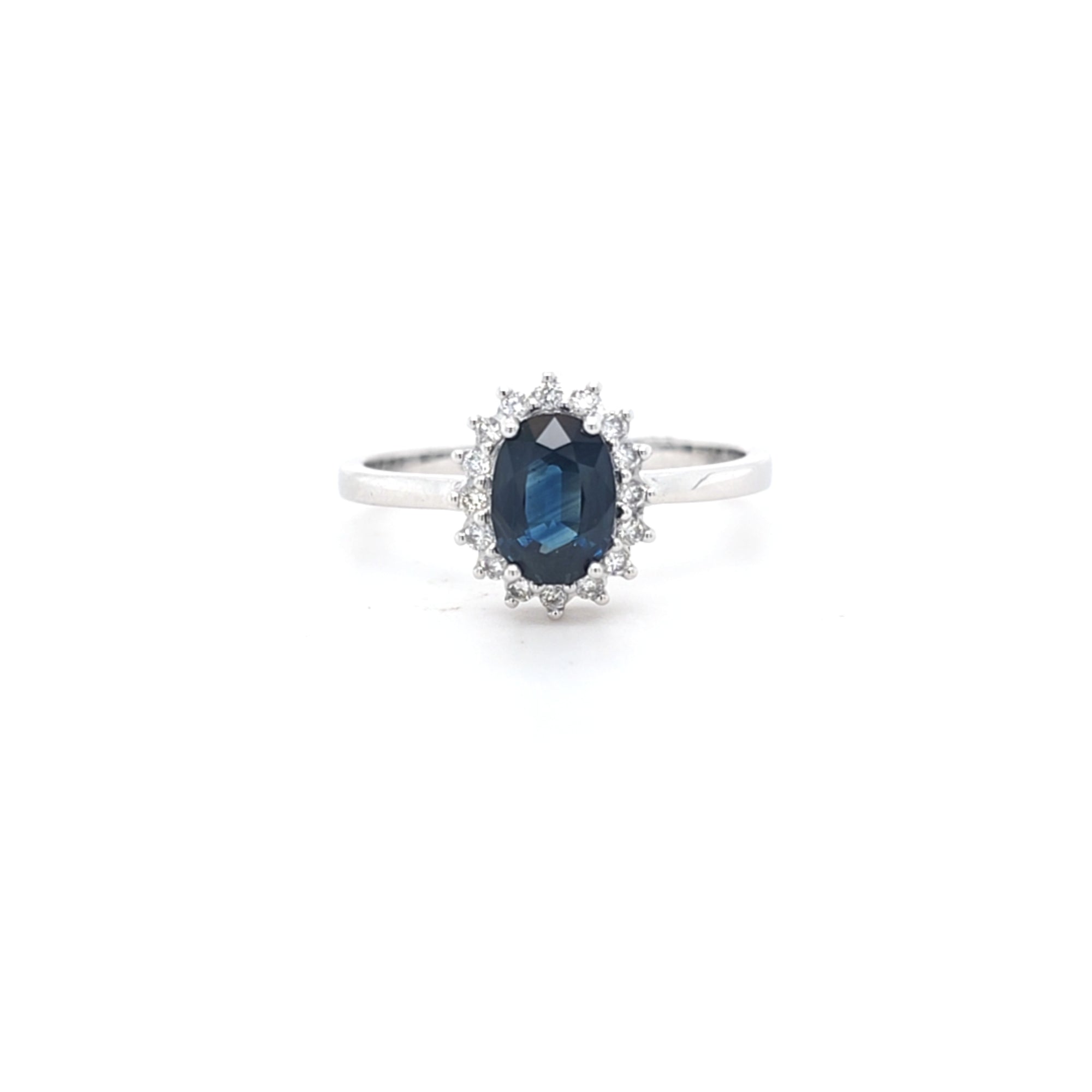 0.96ct Oval Cut Sapphire & Diamond Cluster Ring Set in White Gold - Montpellier Jewellers