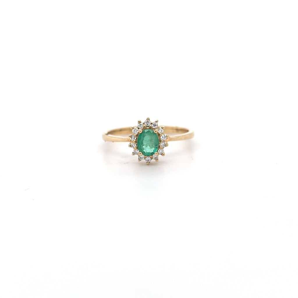 0.37ct Oval Cut Emerald & Diamond Cluster Ring Set in Yellow Gold - Montpellier Jewellers