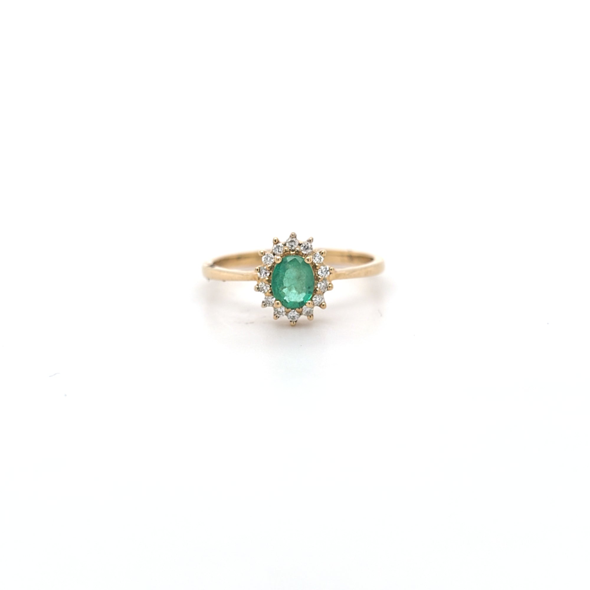 0.37ct Oval Cut Emerald & Diamond Cluster Ring Set in Yellow Gold - Montpellier Jewellers