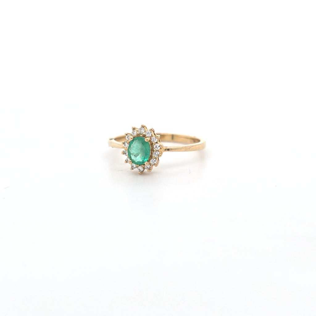 0.37ct Oval Cut Emerald & Diamond Cluster Ring Set in Yellow Gold - Montpellier Jewellers