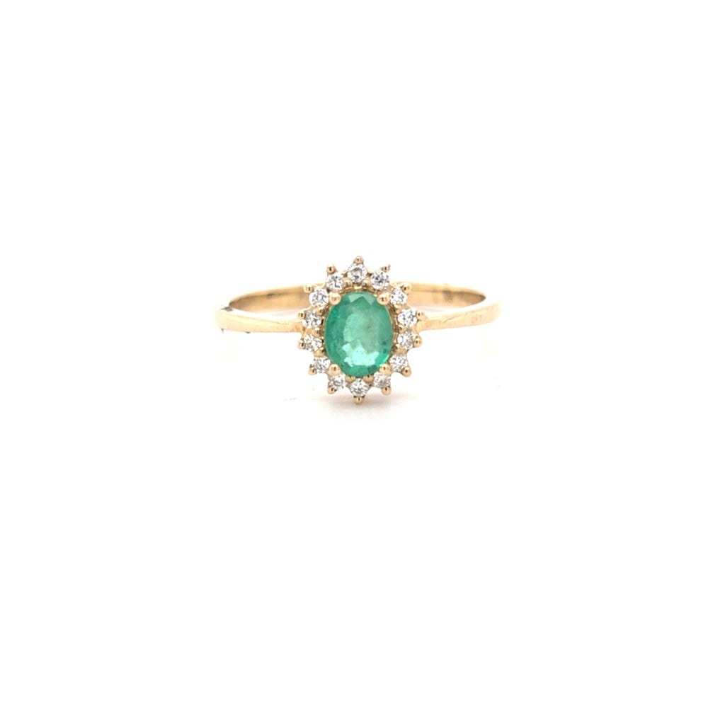 0.37ct Oval Cut Emerald & Diamond Cluster Ring Set in Yellow Gold - Montpellier Jewellers