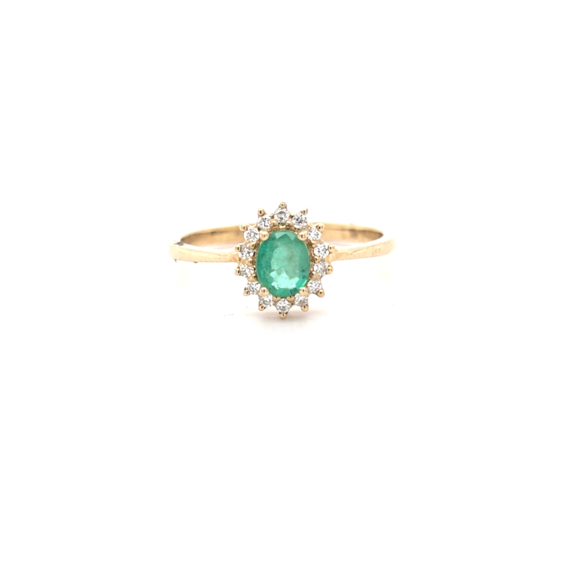 0.37ct Oval Cut Emerald & Diamond Cluster Ring Set in Yellow Gold - Montpellier Jewellers