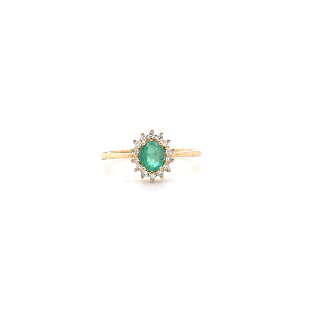 0.37ct Oval Cut Emerald & Diamond Cluster Ring Set in Yellow Gold - Montpellier Jewellers
