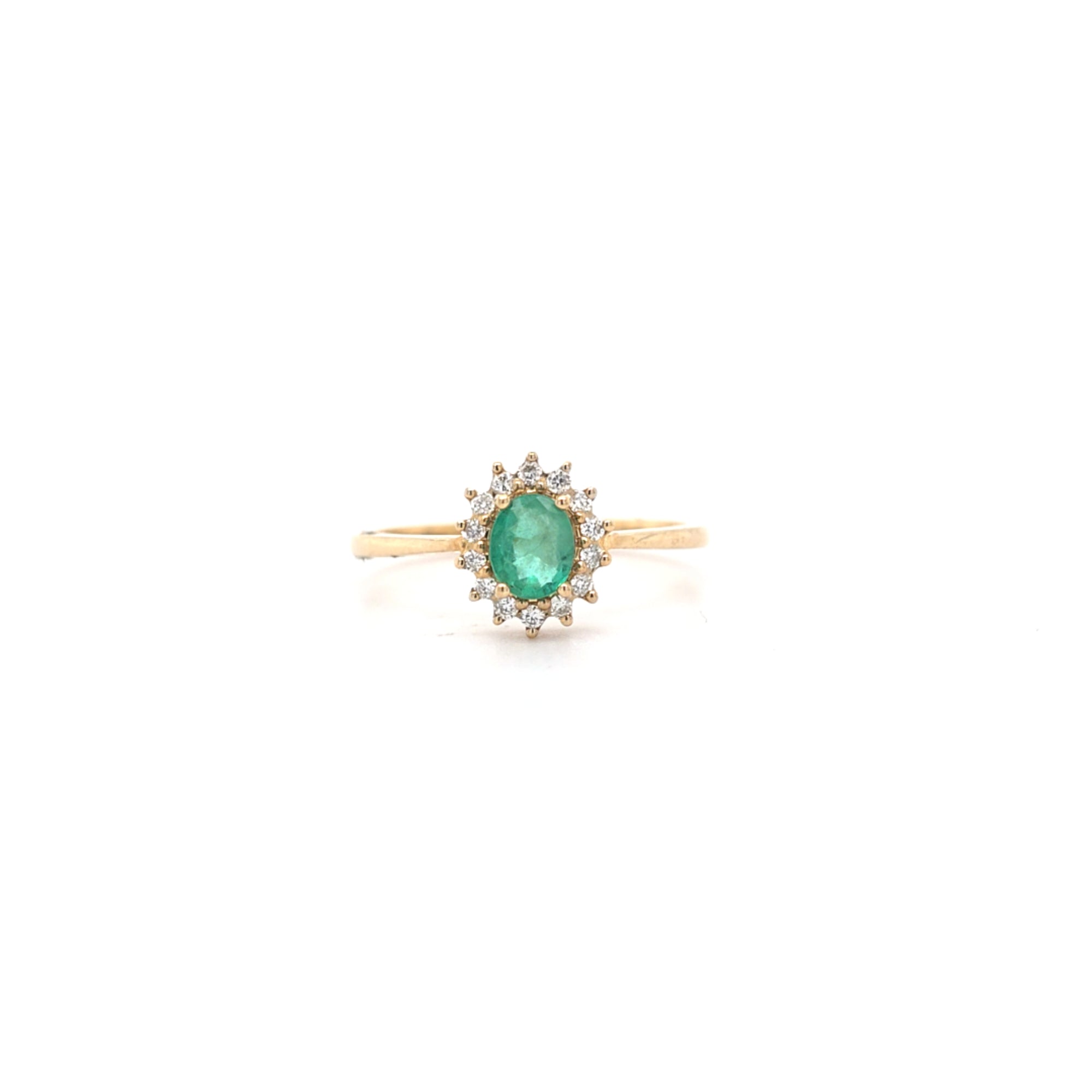 0.37ct Oval Cut Emerald & Diamond Cluster Ring Set in Yellow Gold - Montpellier Jewellers
