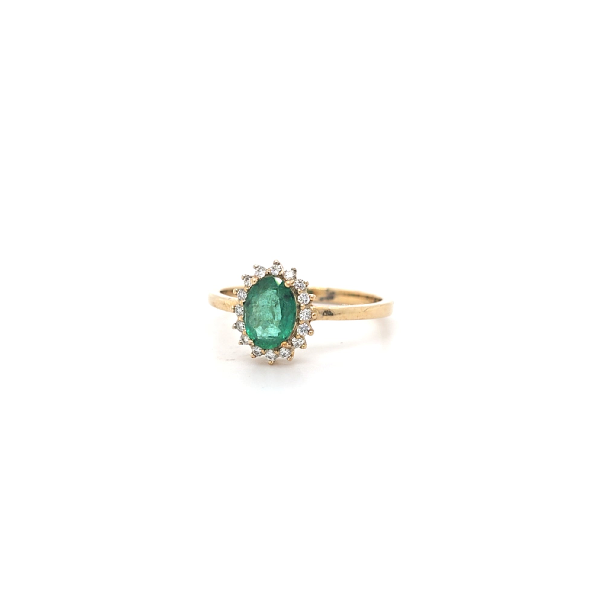 0.96ct Oval Cut Emerald & Diamond Cluster Ring Set in Yellow Gold - Montpellier Jewellers
