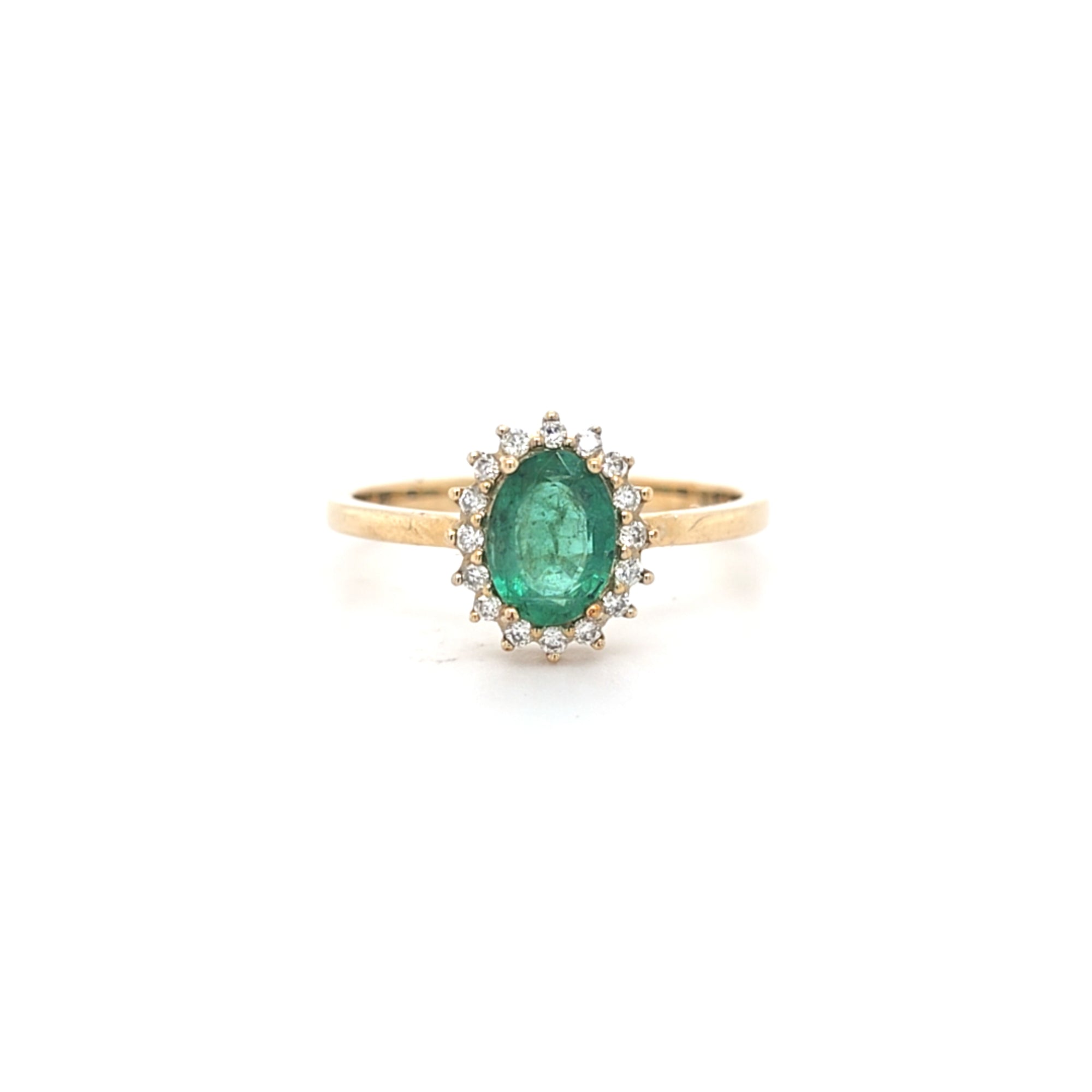 0.96ct Oval Cut Emerald & Diamond Cluster Ring Set in Yellow Gold - Montpellier Jewellers