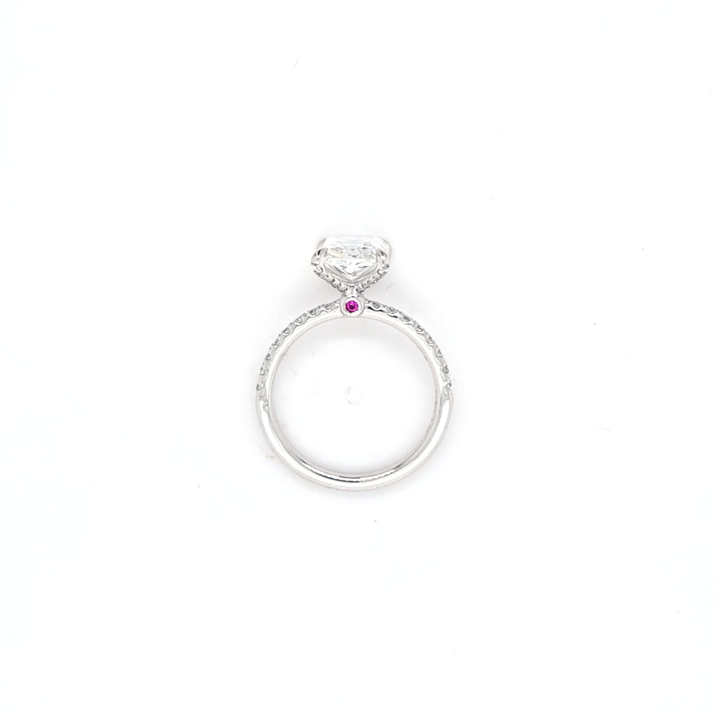 IGI 3.01ct D/VS2 Radiant Cut LAB Diamond Solitaire set in Platinum with Diamond Shoulders & Ruby Accent Stone - Montpellier Jewellers