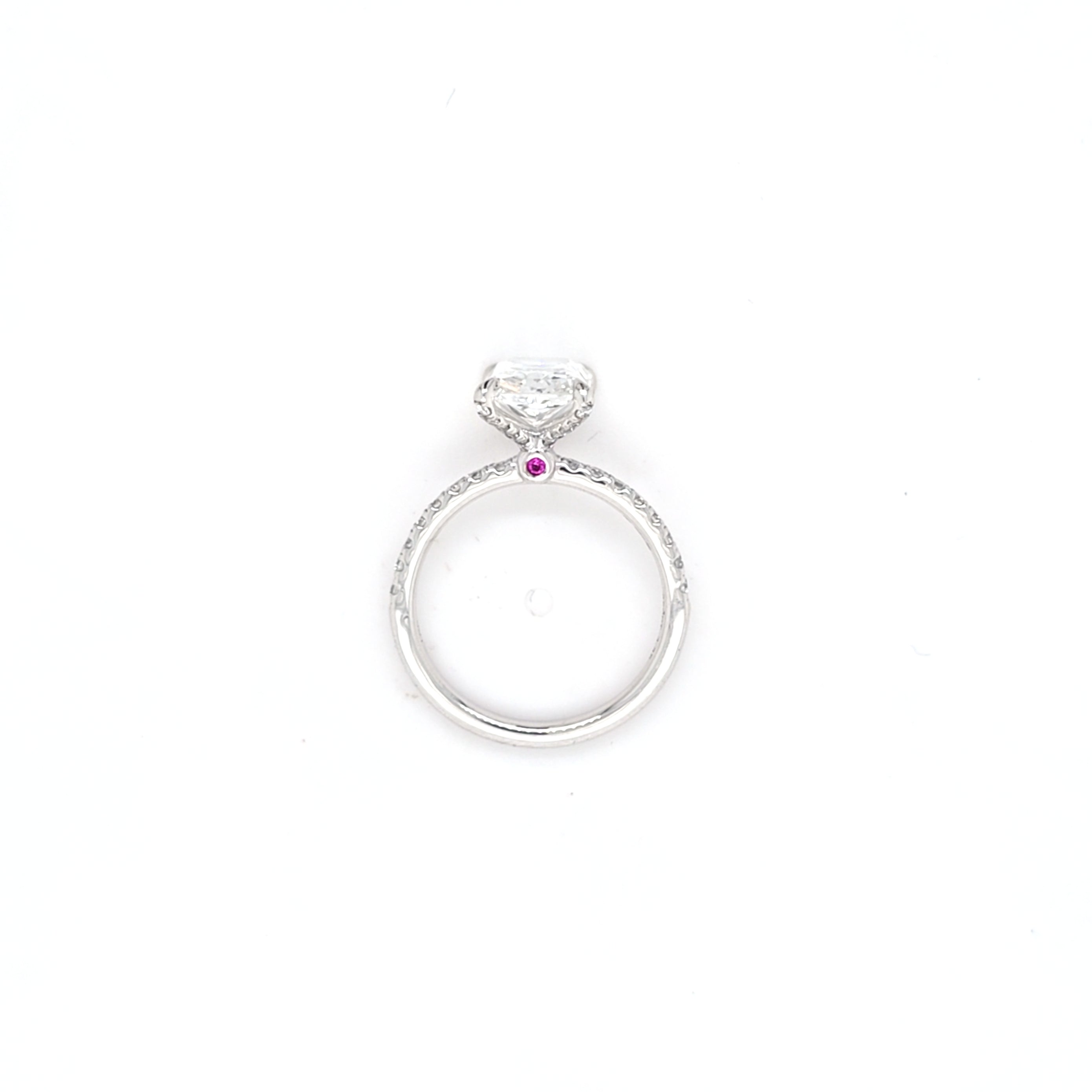 IGI 3.01ct D/VS2 Radiant Cut LAB Diamond Solitaire set in Platinum with Diamond Shoulders & Ruby Accent Stone - Montpellier Jewellers