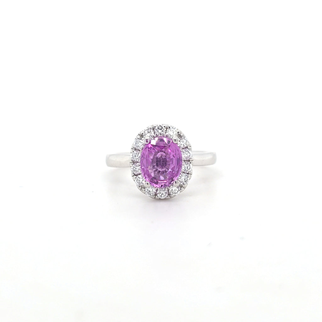 Oval Pink Sapphire & Diamond Cluster Ring Set in Platinum - Montpellier Jewellers