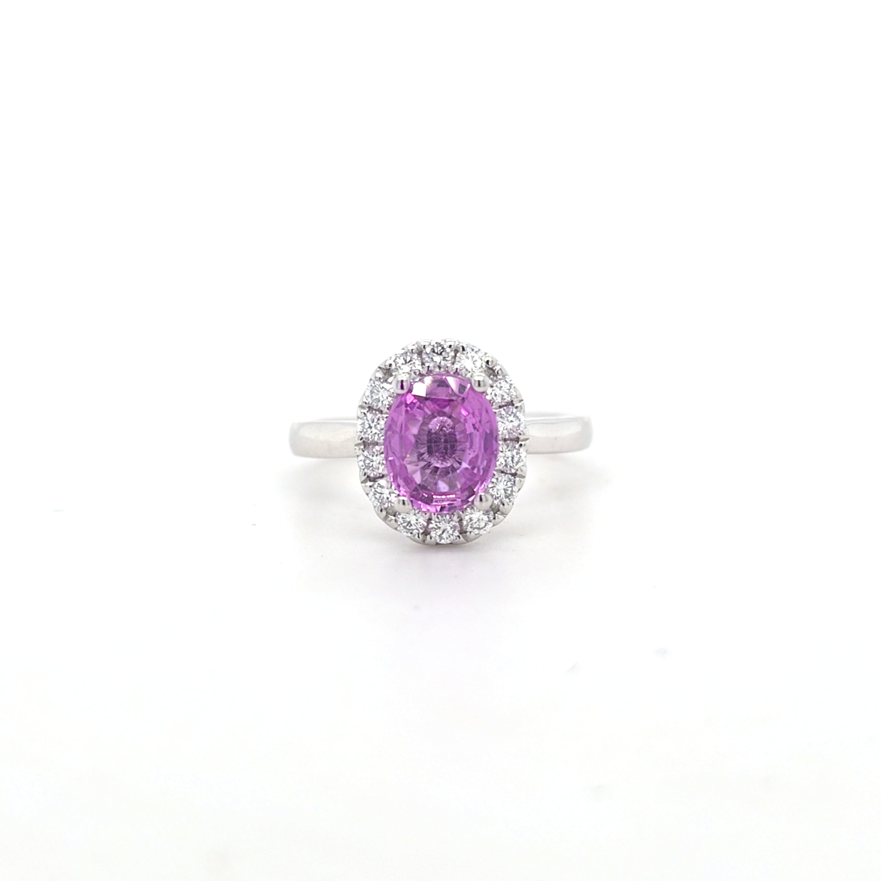 Oval Pink Sapphire & Diamond Cluster Ring Set in Platinum - Montpellier Jewellers