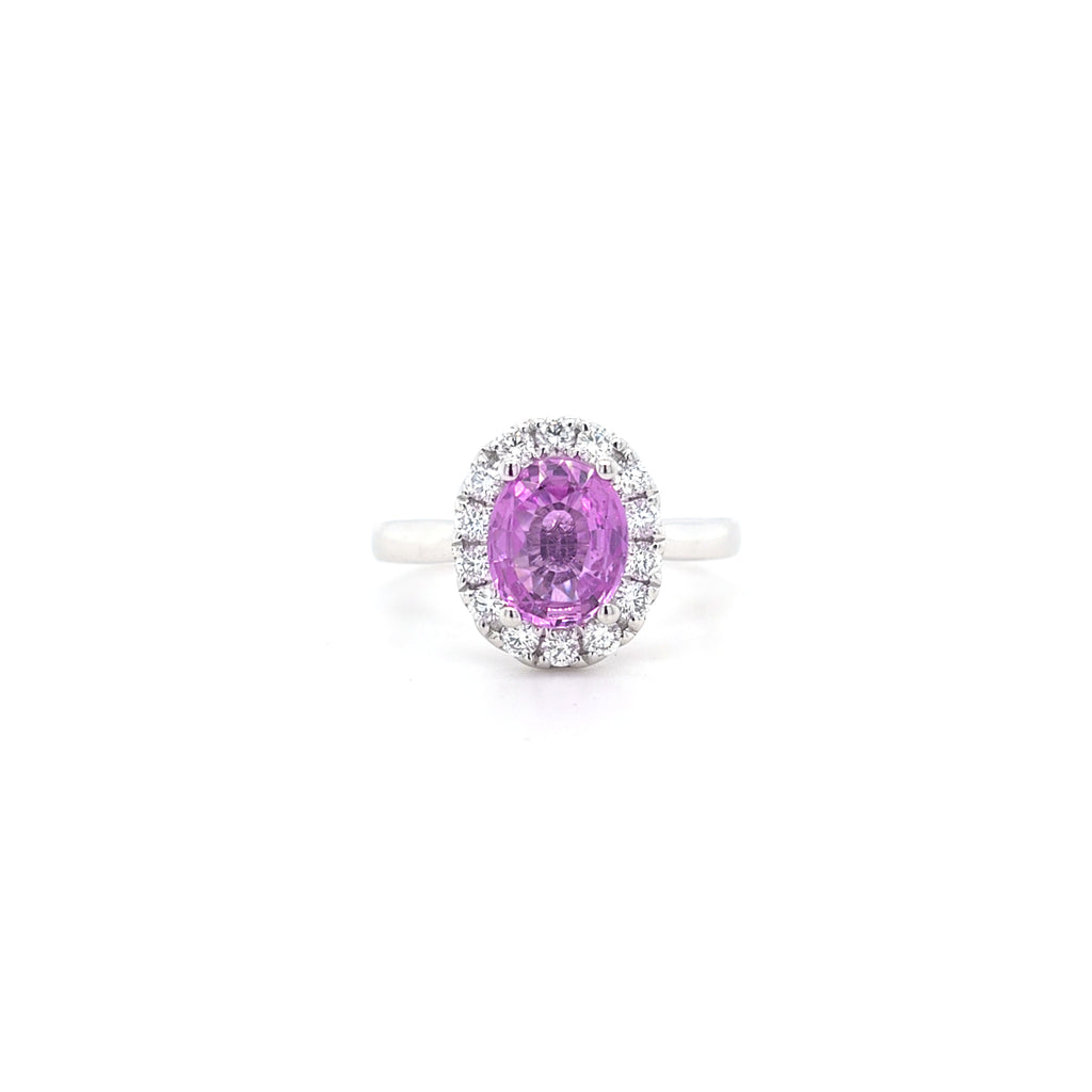 Oval Pink Sapphire & Diamond Cluster Ring Set in Platinum - Montpellier Jewellers