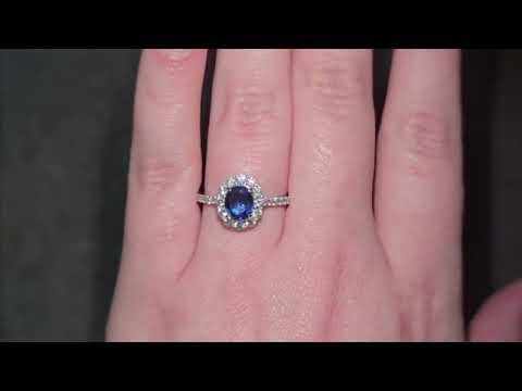 Oval Cut Sapphire & Diamond Cluster Ring with Diamond Shoulders Set in 18ct White Gold