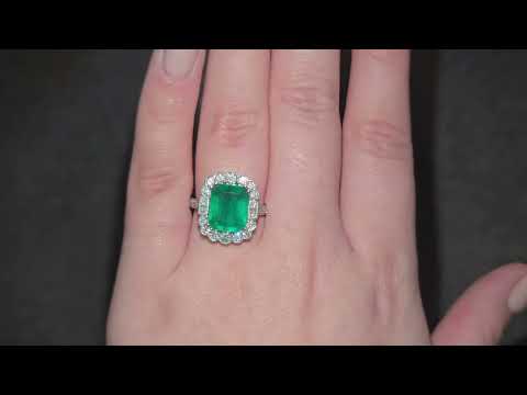 3.86ct Emerald and Diamond Cluster Ring with Diamond Shoulders Set in Platinum