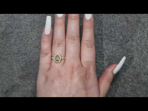 GIA 1.01ct Fancy Brownish Greenish Yellow Pear Cut Diamond Halo Ring Set in 18ct Yellow Gold