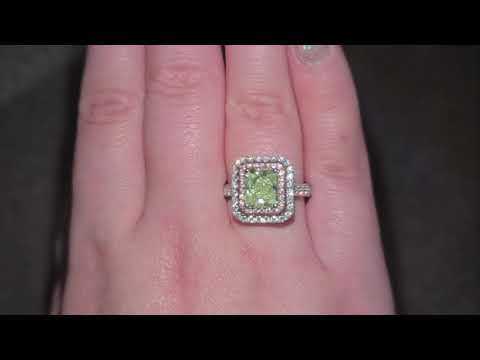 GIA 2.20ct Fancy Yellow-Green Radiant Cut Diamond Halo Ring Set in 18ct White Gold
