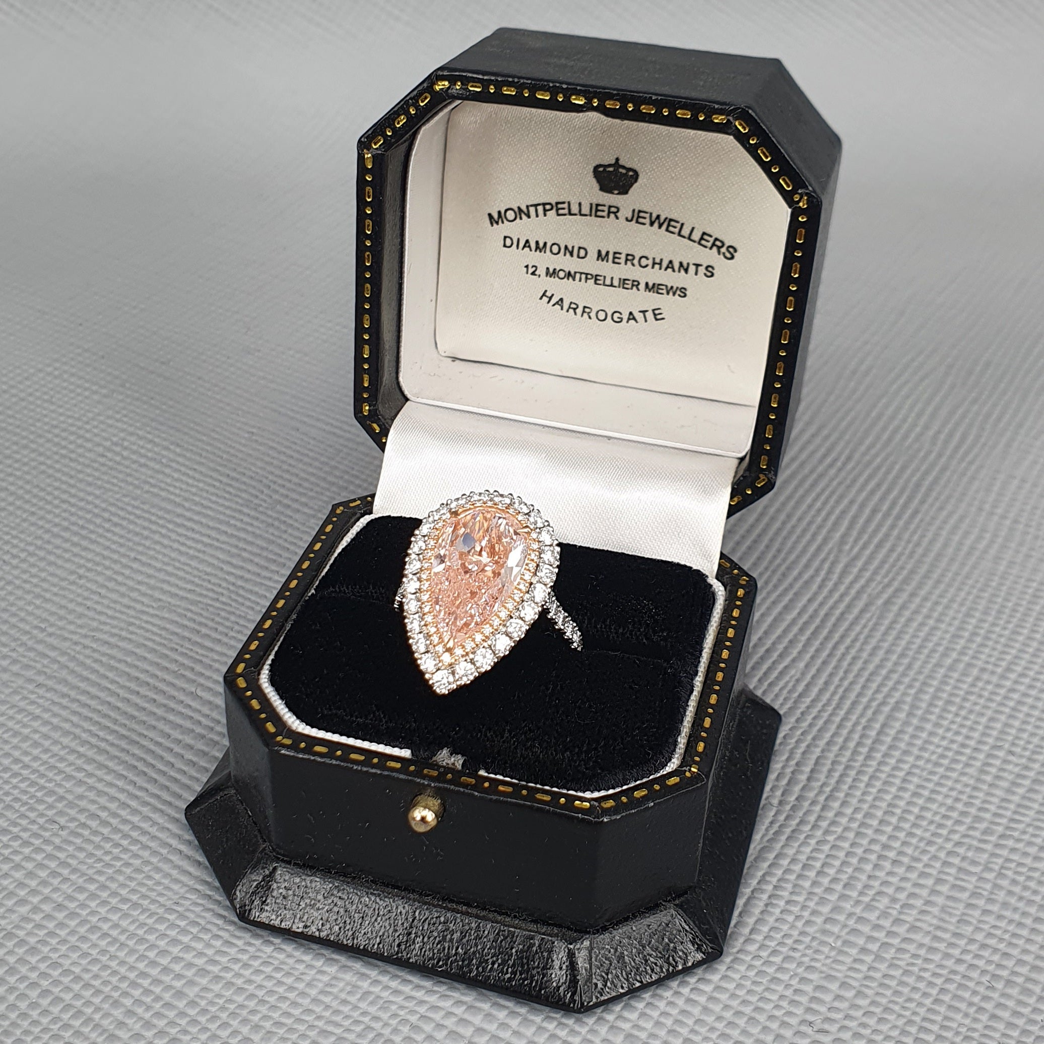 5.10ct Fancy Pink Pear Shape Diamond Halo Ring - Montpellier Jewellers