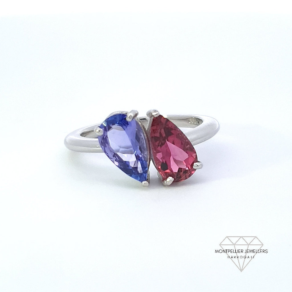 Tanzanite & Tourmaline Toi et Moi Ring Set In Platinum