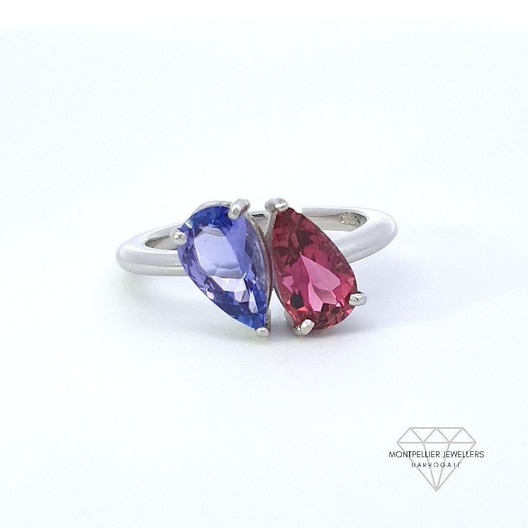 Tanzanite & Tourmaline Toi et Moi Ring Set In Platinum