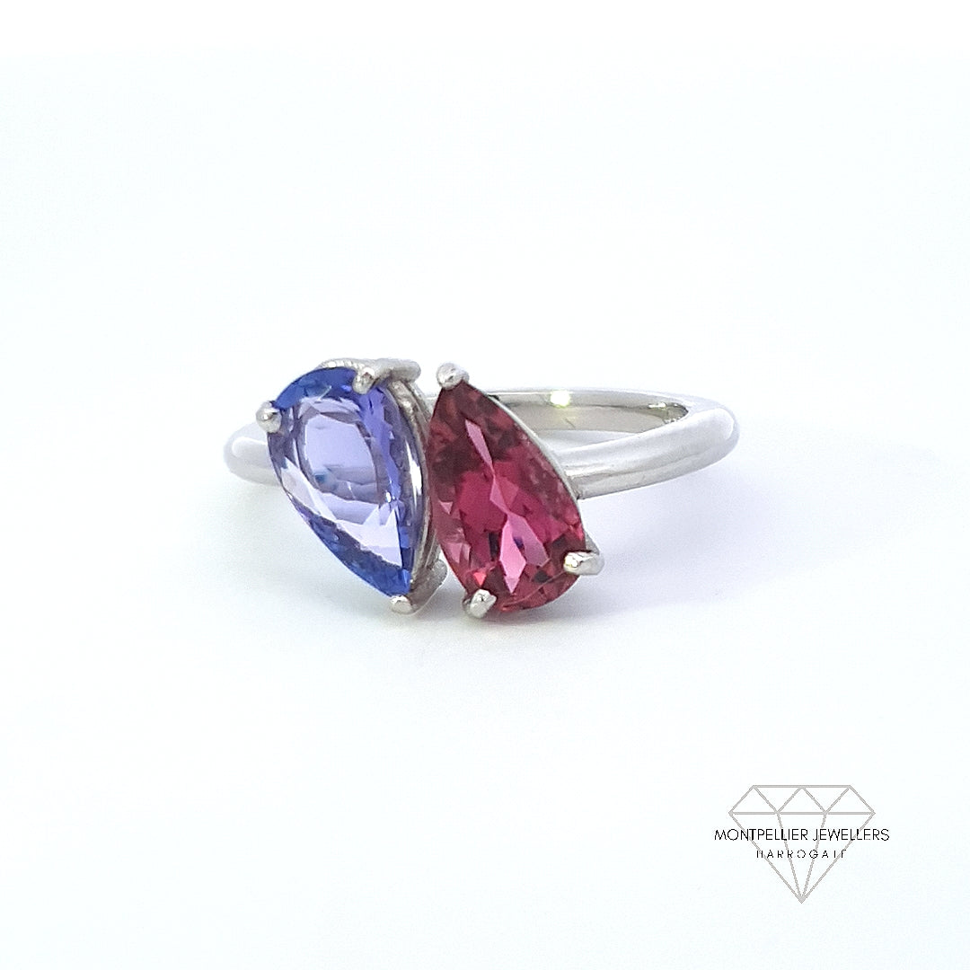 Tanzanite & Tourmaline Toi et Moi Ring Set In Platinum